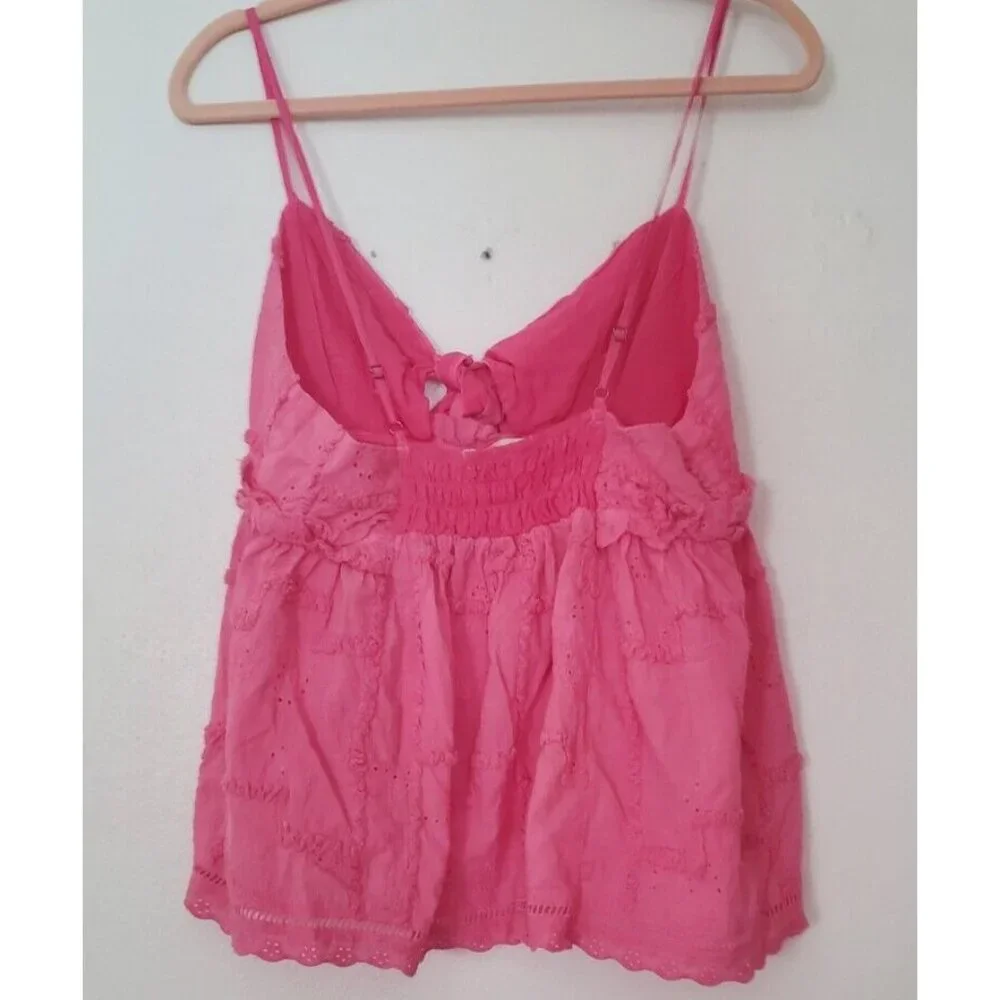 Islandhaze Pink Ruffled Elastic Back Front Keyhole Tie Size M Babydoll Top - Picture 3 of 8